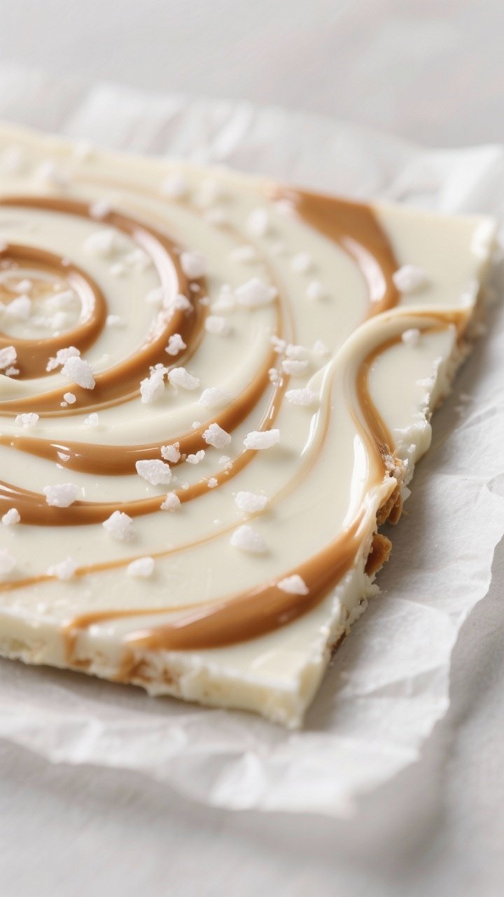 Close-up detail shot of freshly swirled white chocolate caramel bark on parchment, showing glossy wh
