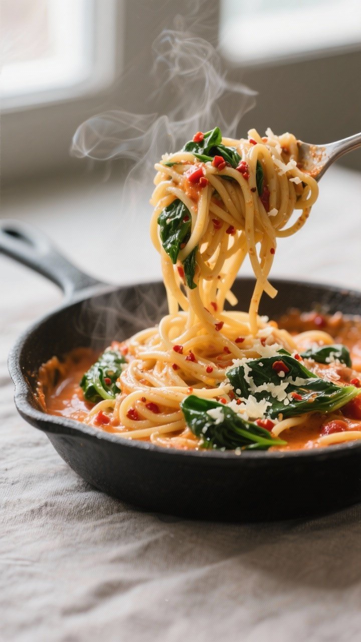 Close-up detail shot: Silky spaghetti being tossed in a skillet with creamy tomato Alfredo sauce, ri