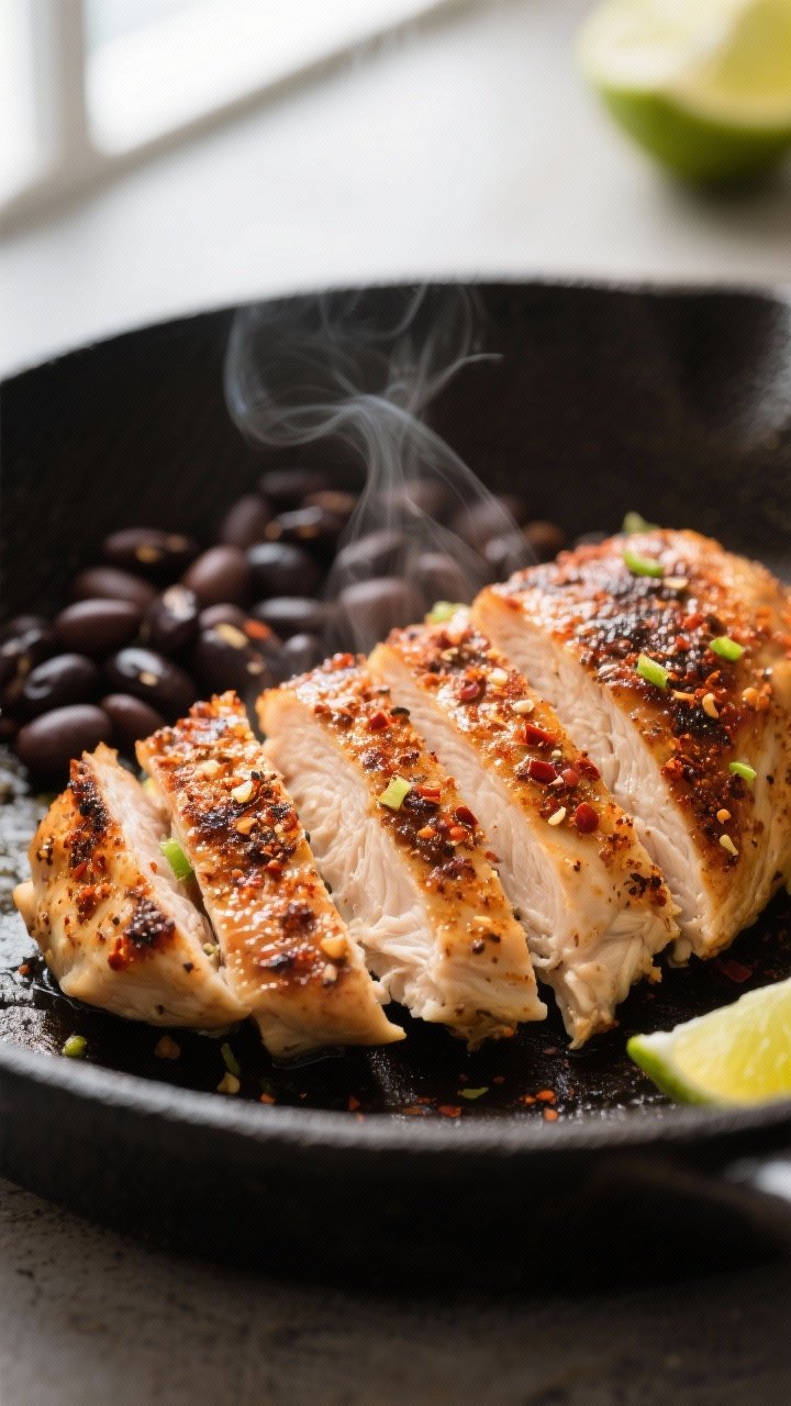 Close-up detail shot: Sliced, spice-crusted chicken fresh from the skillet, glistening and juicy wit