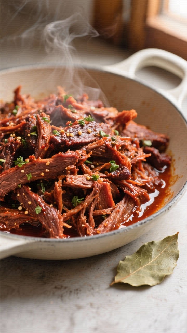 Close-up detail: Shredded beef barbacoa just after slow cooking, glistening, pull-apart strands pile