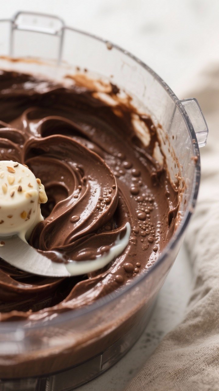Close-up detail: Silky avocado chocolate mousse mid-blend in a food processor bowl, swirls of glossy