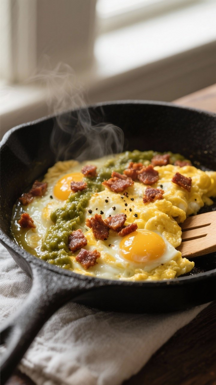 Close-up detail: Soft-scrambled eggs folded with crispy browned Mexican chorizo in a matte black ski