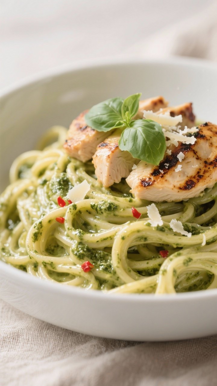 Close-up detail: Twirled spaghetti coated in glossy creamy pesto Alfredo sauce, strands glistening w