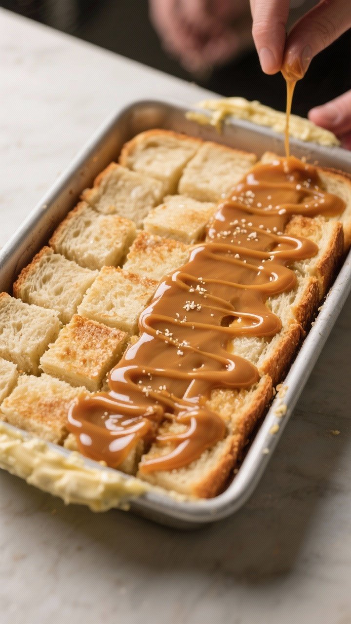 Cooking process action scene (no hands visible): the soaked bread in a 9x13 baking dish with half th