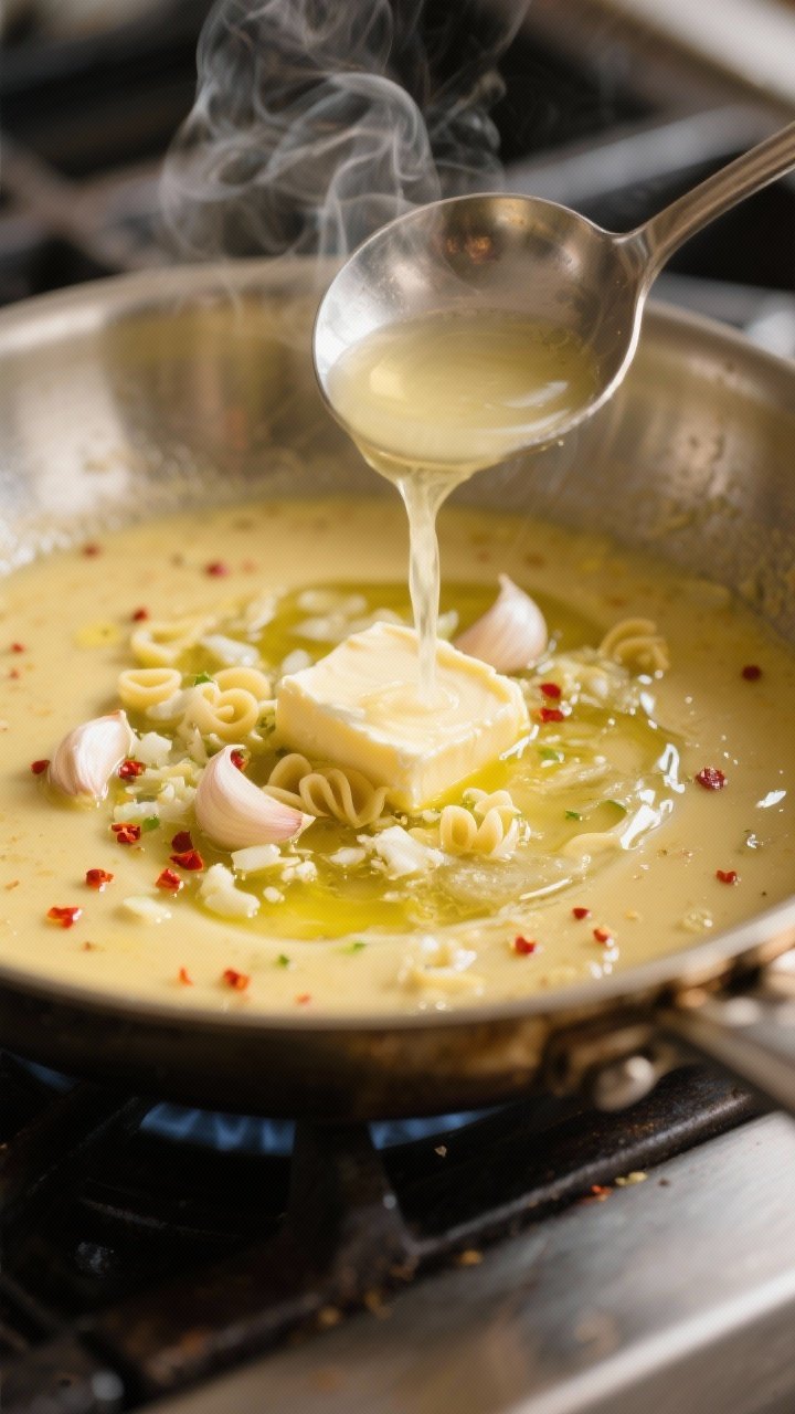 Cooking process close-up: Silky garlic butter sauce in a wide stainless skillet, butter melted with 