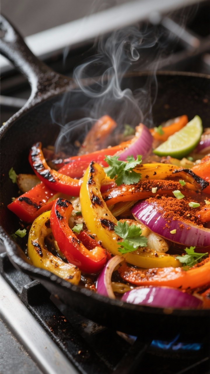 Cooking process close-up: Sizzling veggie fajitas in a blazing-hot cast-iron skillet, showing charre