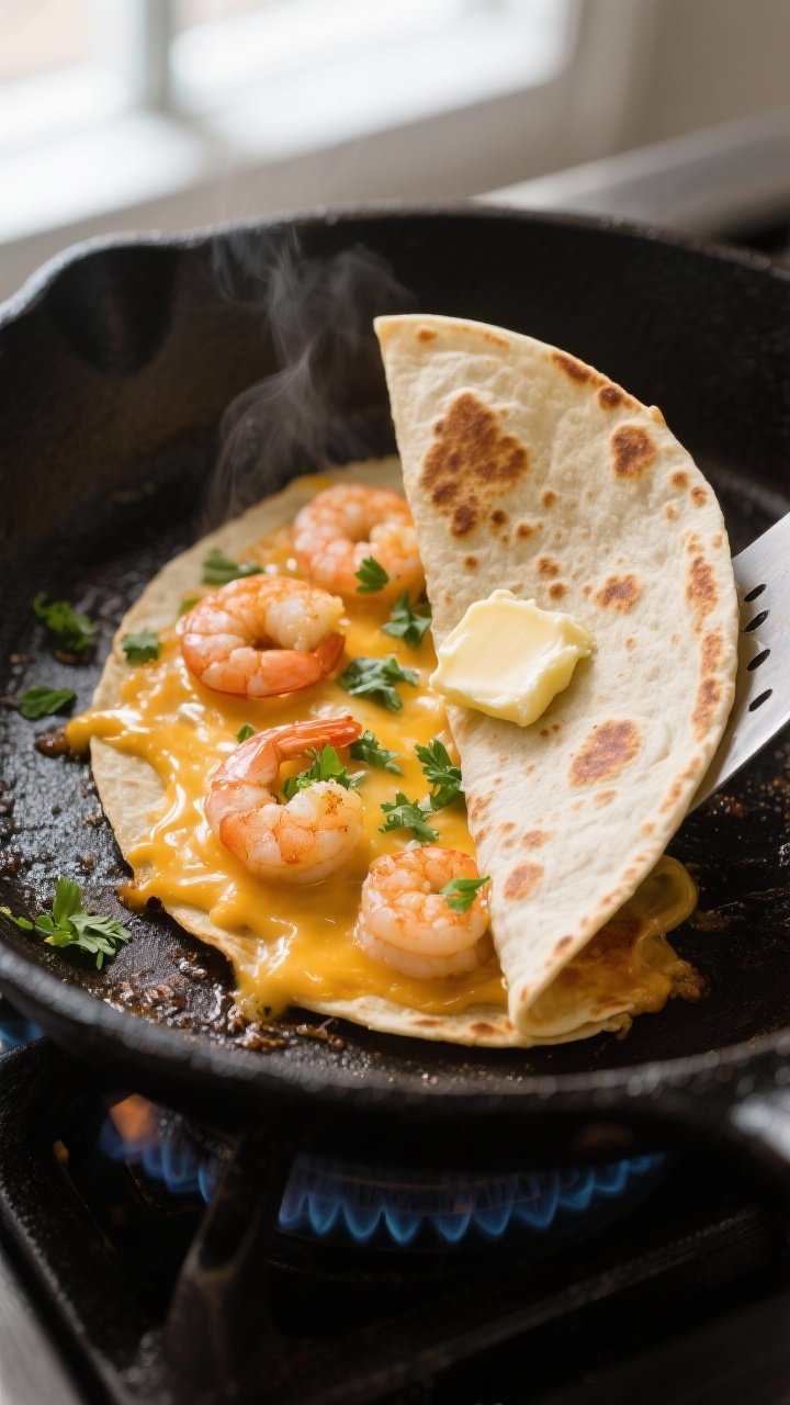 Cooking process: Half-moon shrimp quesadilla in the skillet being crisped to golden, cheese visibly 