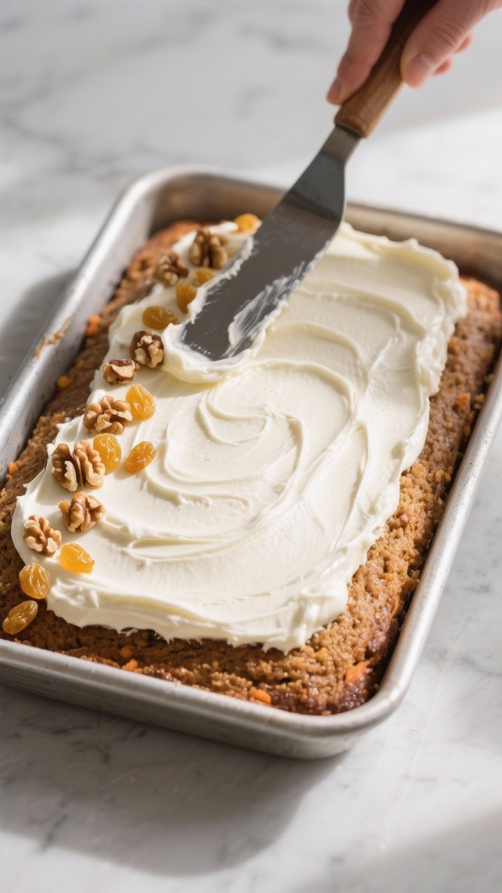 Cooking process: Overhead shot of a 9x13 pan as cream cheese frosting is being smoothly spread over