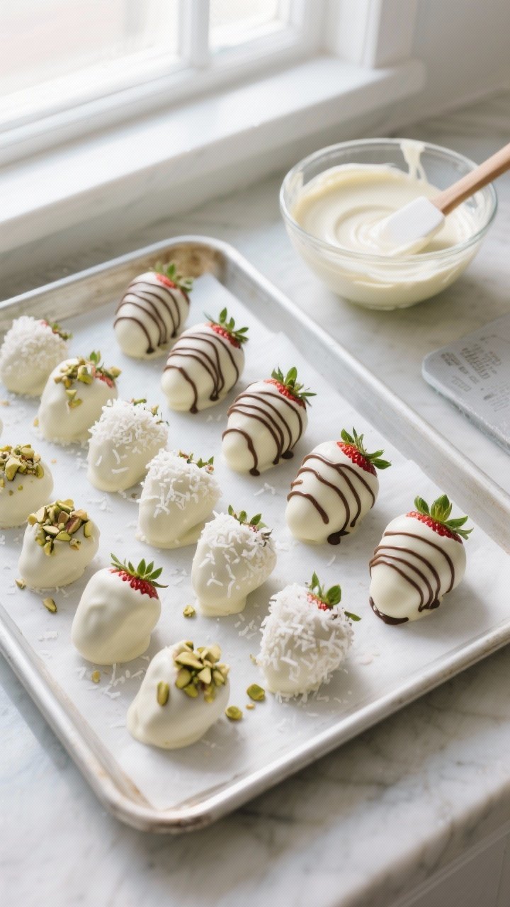 Cooking process: Overhead shot of a lined baking sheet with a neat row of just-finished white chocol