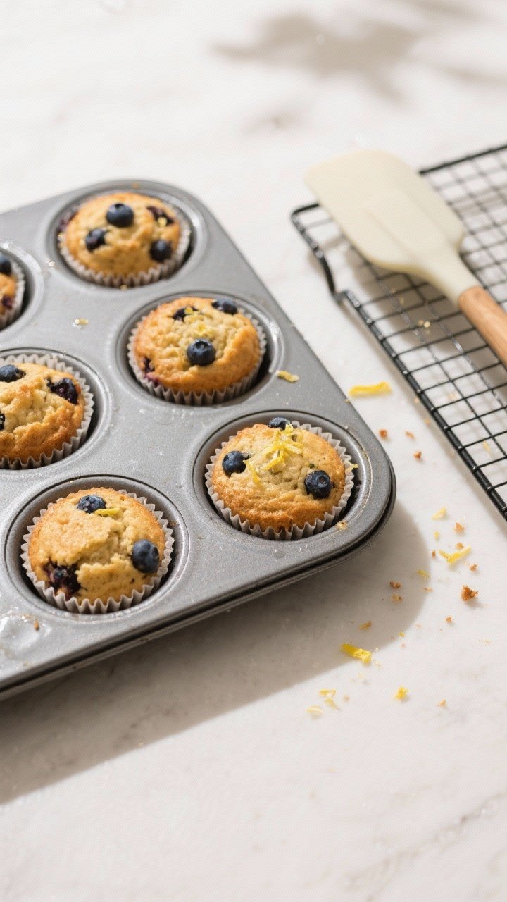 Cooking process: Overhead shot of a lined muffin pan just out of the oven, each cup holding a puffed