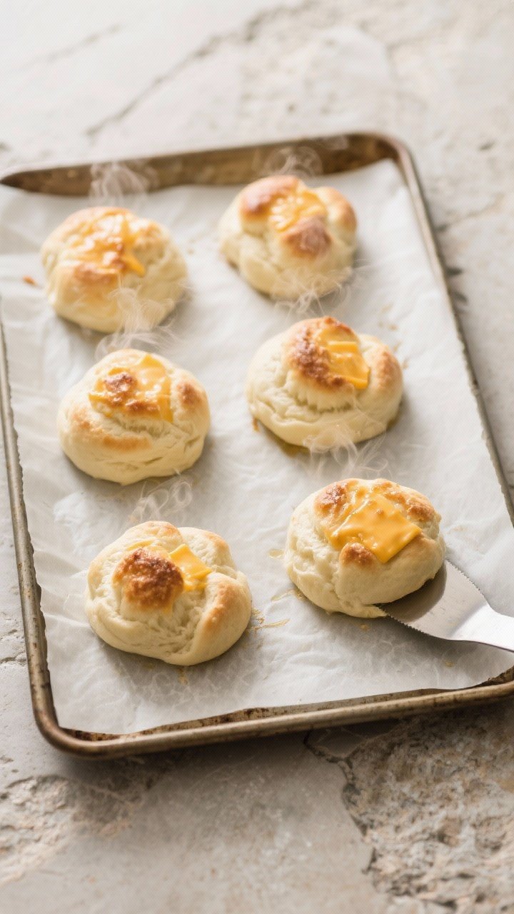 Cooking process: Overhead shot of a parchment-lined baking sheet with 6 evenly spaced cloud bread mo