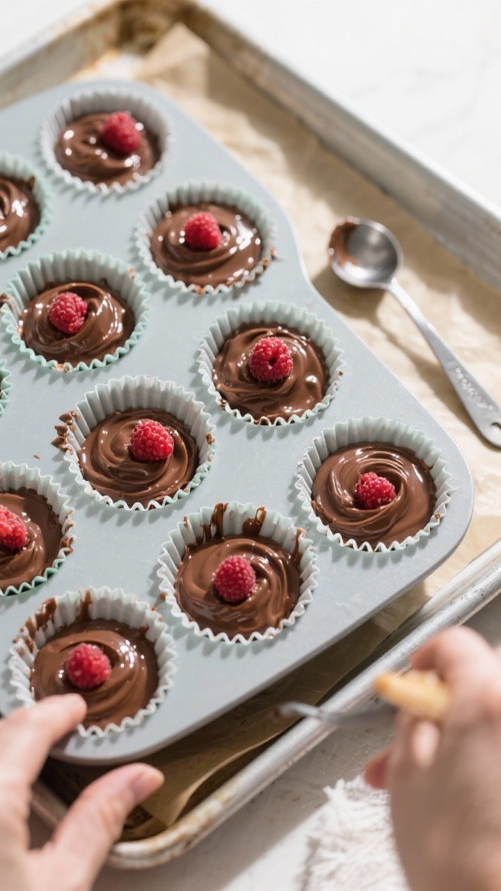 Cooking process: Overhead shot of assembly in a silicone mini-muffin mold—each cavity partially fi