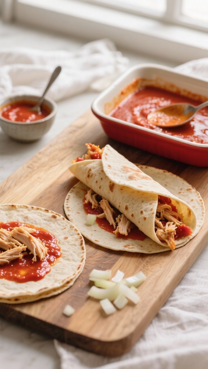 Cooking process: Overhead shot of assembly stage—soft, lightly toasted corn tortillas on a board, 