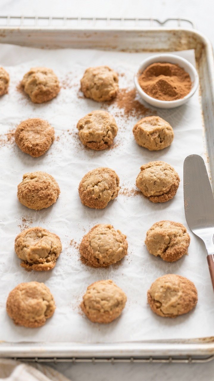 Cooking process: Overhead shot of chai spiced cookie dough balls rolled in cinnamon sugar arranged 2