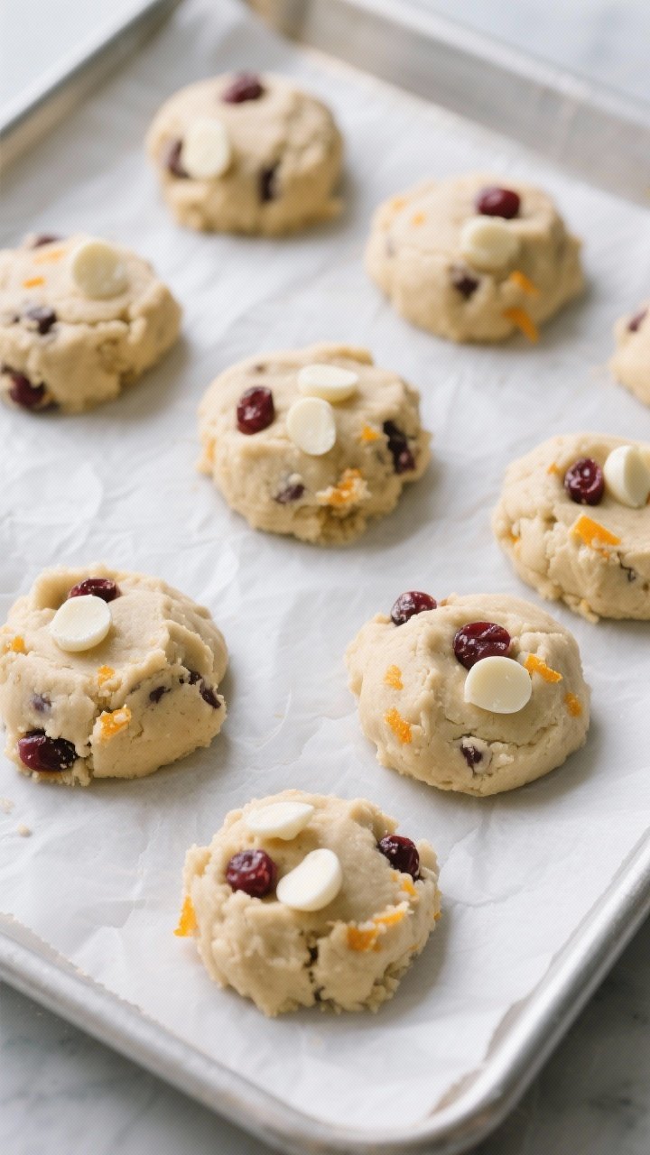 Cooking process: Overhead shot of chilled, scooped cookie dough mounds (about 2-tablespoon scoops) a