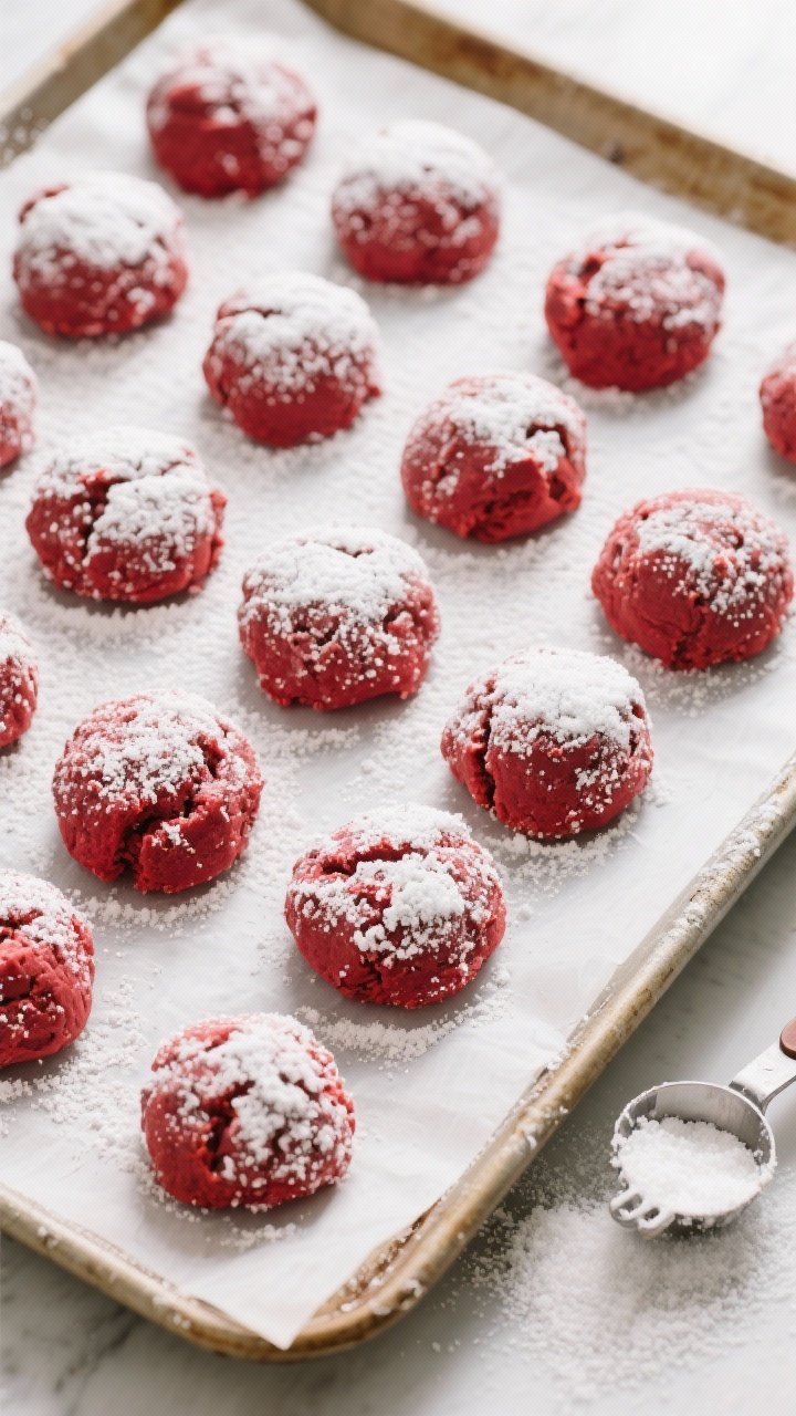 Cooking process: Overhead shot of powdered sugar–coated red velvet cookie dough balls arranged on 