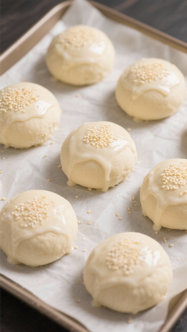 Cooking process: Overhead shot of shaped bun dough rounds on a parchment-lined tray just before baki