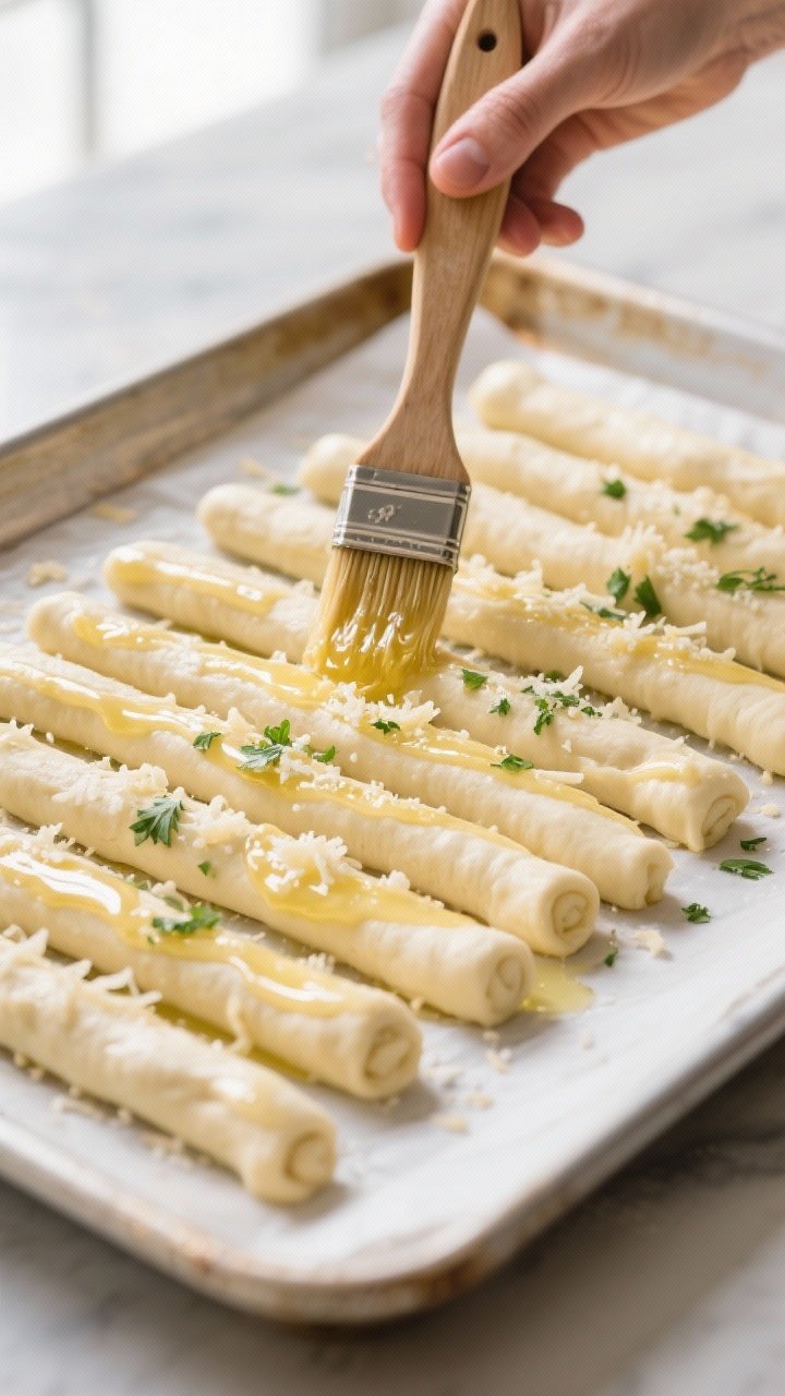Cooking process: Overhead shot of shaped mozzarella-dough breadsticks on a parchment-lined sheet pan