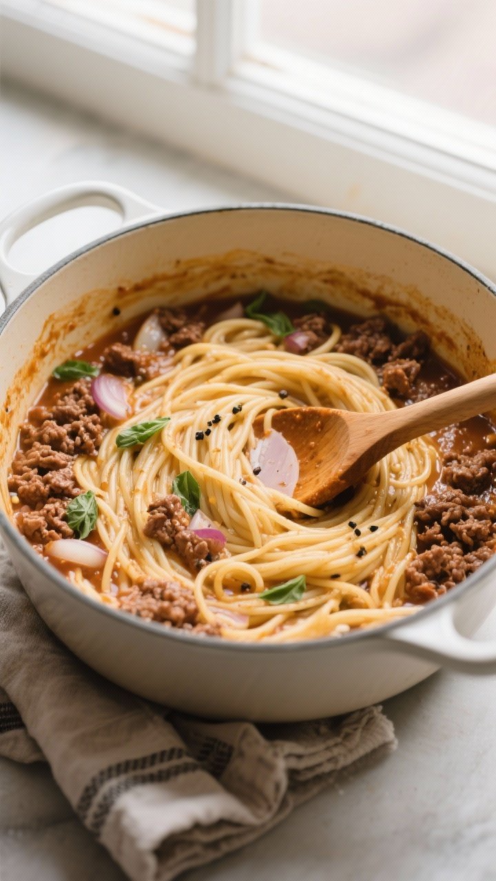 Cooking process: Overhead shot of spaghetti simmering directly in the meat sauce mid-cook, strands s