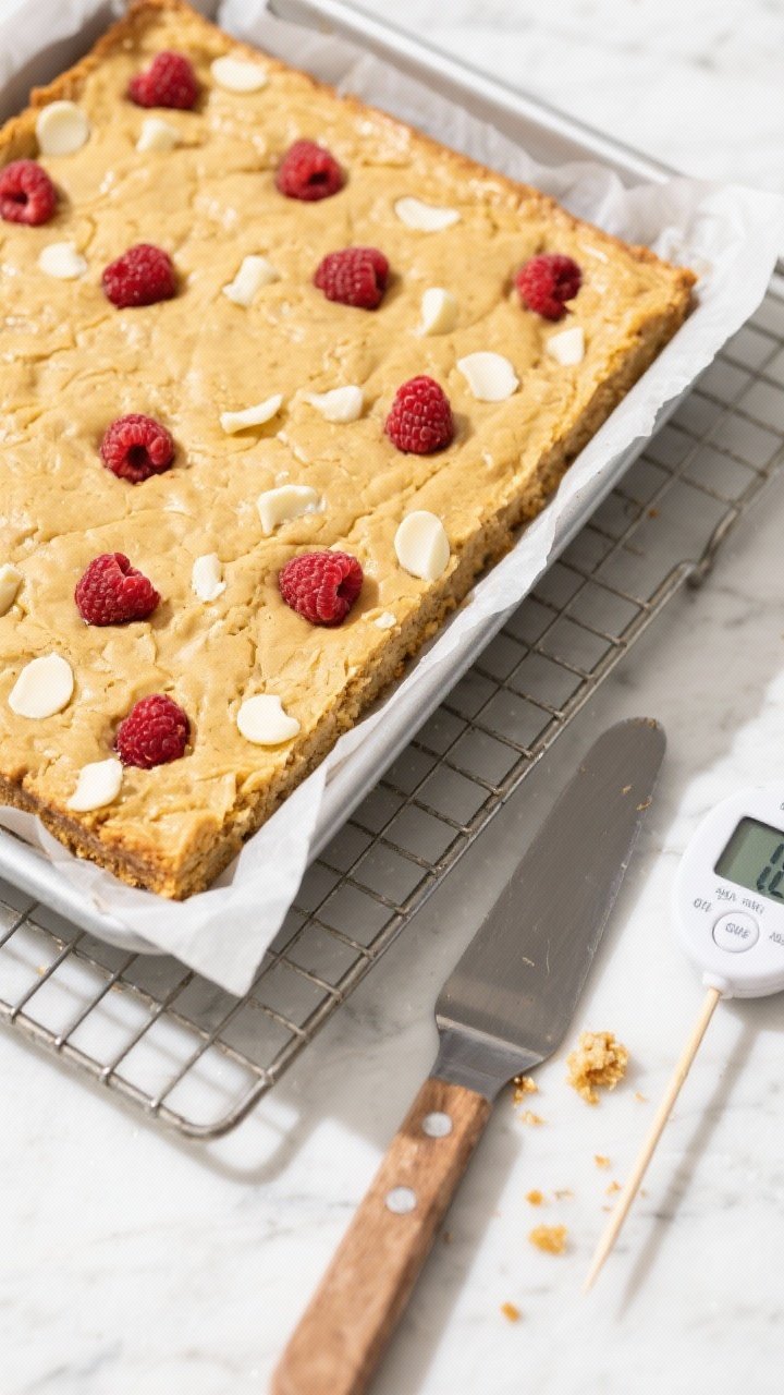 Cooking process: Overhead shot of the blondie slab cooling in an 8x8 parchment-lined pan on a wire r
