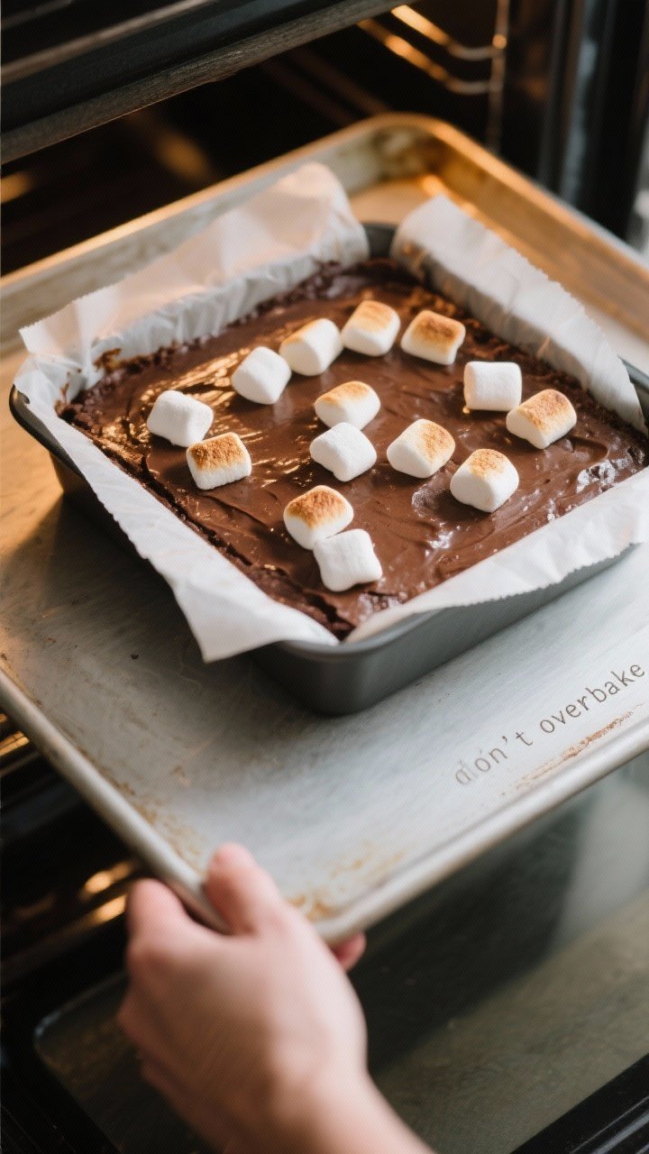 Cooking process: Overhead shot of the brownie pan mid-bake being pulled from the oven for the final