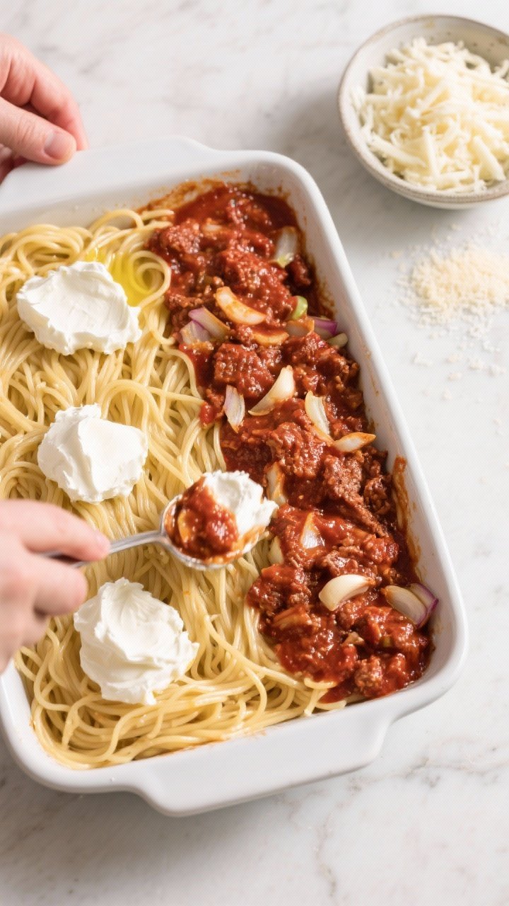 Cooking process: Overhead shot of the casserole mid-assembly in a 9x13 baking dish—first layer of 