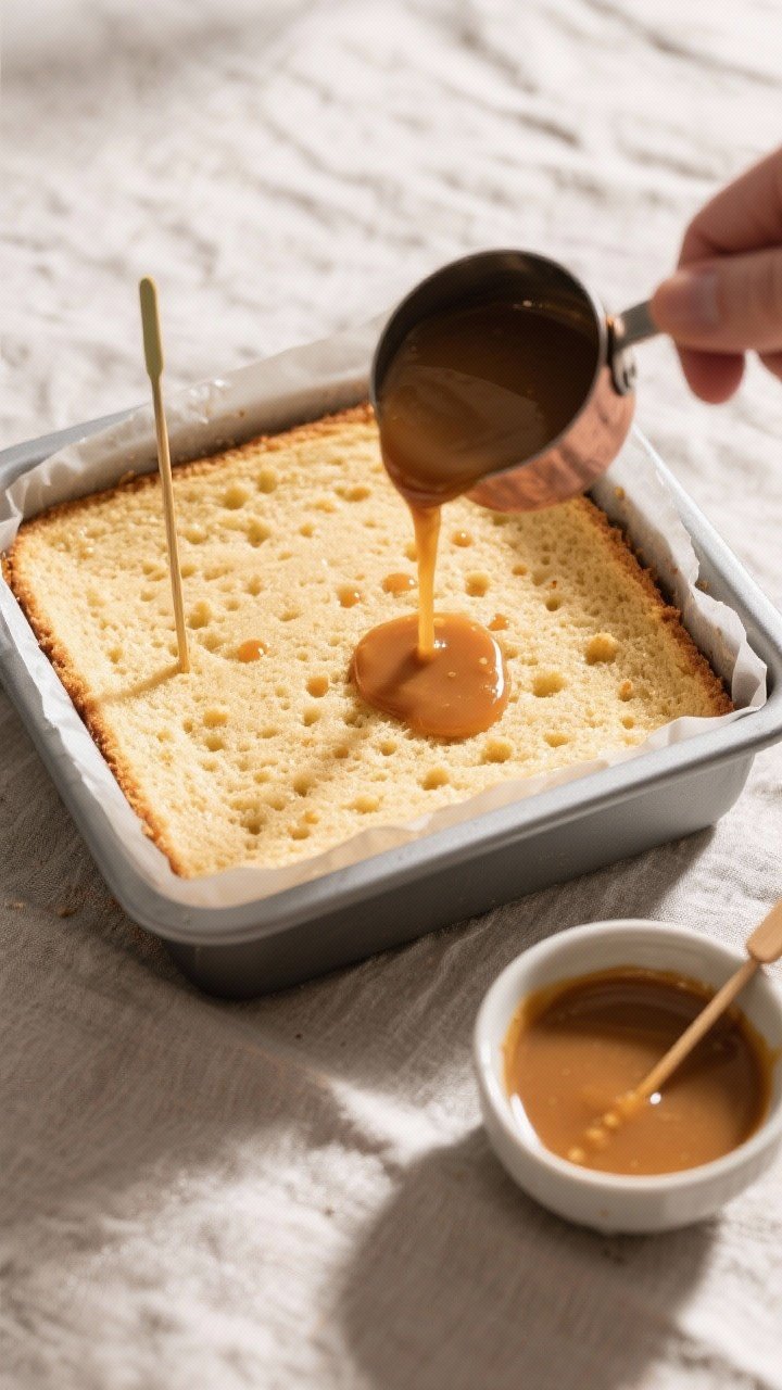 Cooking process: Overhead shot of the freshly baked sponge in an 8-inch parchment-lined square pan b