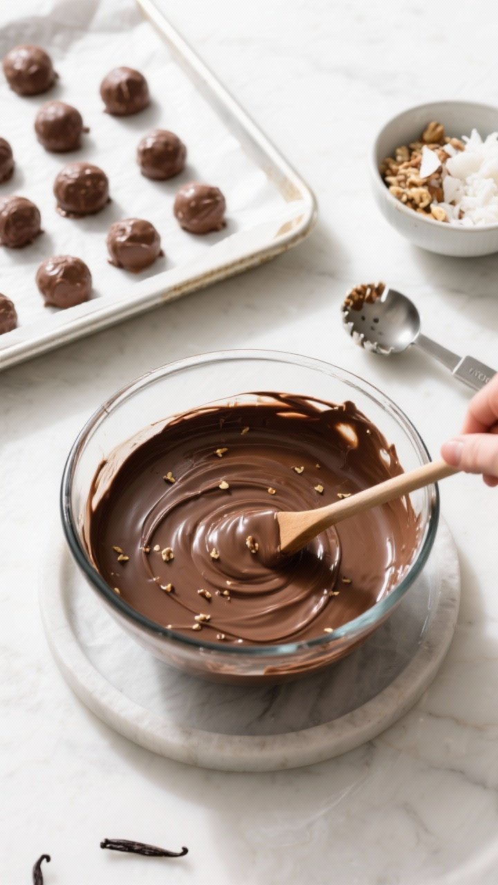 Cooking process: Overhead shot of the ganache being stirred gently in a heatproof bowl over a barely