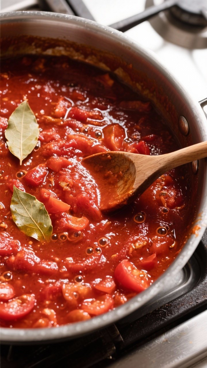 Cooking process: Overhead shot of the sauce mid-simmer in a wide, heavy pot—thick and glossy with 