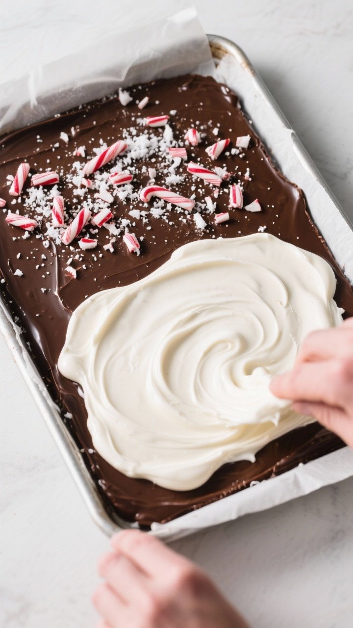 Cooking process: Overhead shot of the semi-set dark chocolate layer being topped with freshly poured