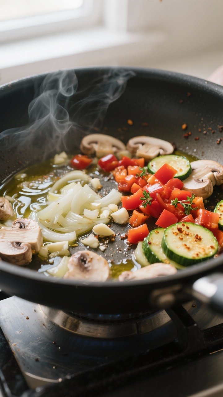 Cooking process — sauté stage: Close-up of a large skillet on the stove with onions turning trans