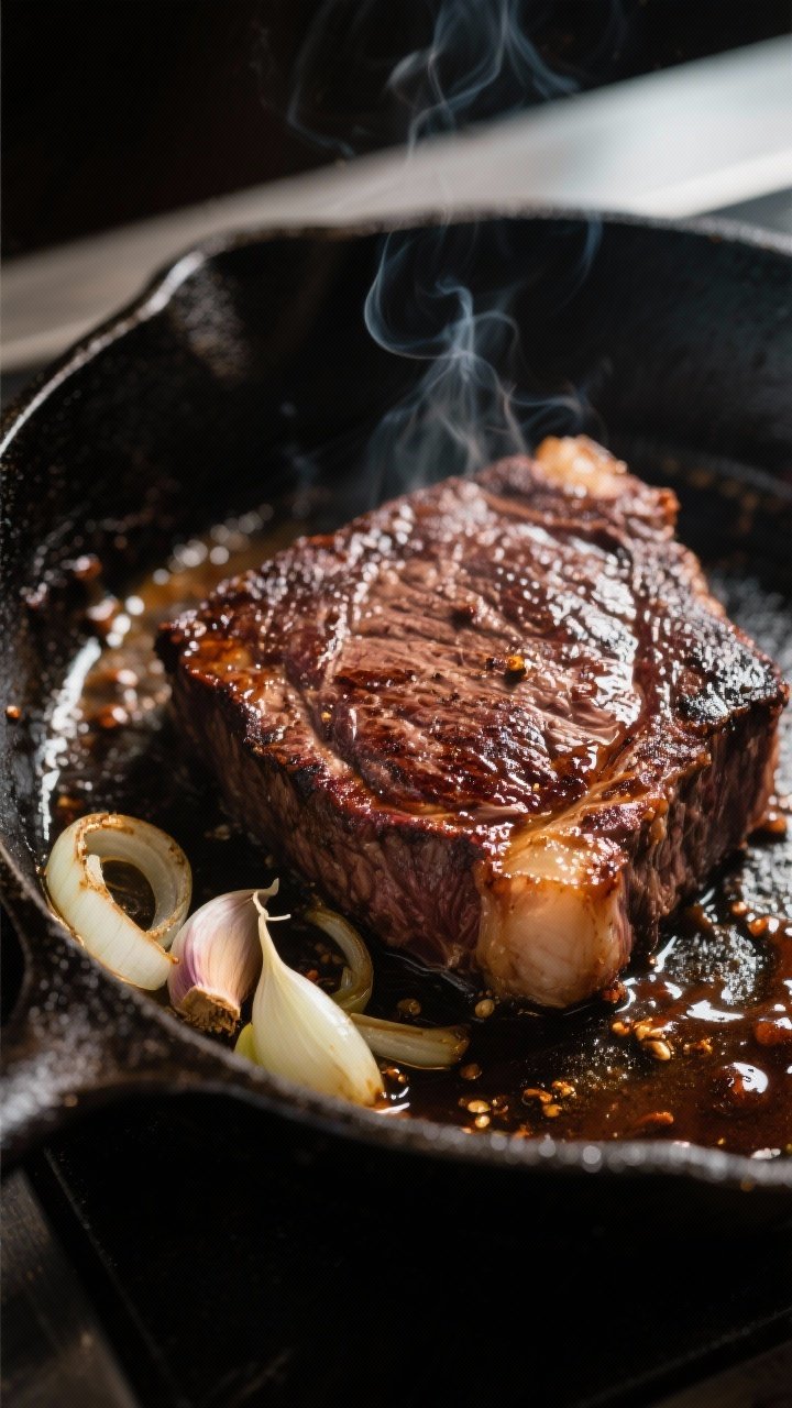 Cooking process: Searing beef chuck in a heavy cast-iron skillet, deep mahogany crust forming on the