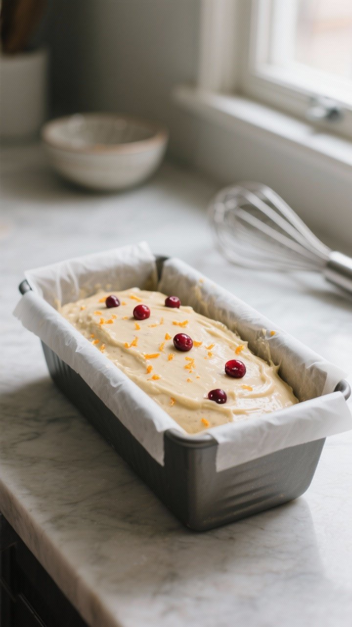Cooking process shot: batter in a parchment-lined 9x5 loaf pan just before baking, smoothed top dott