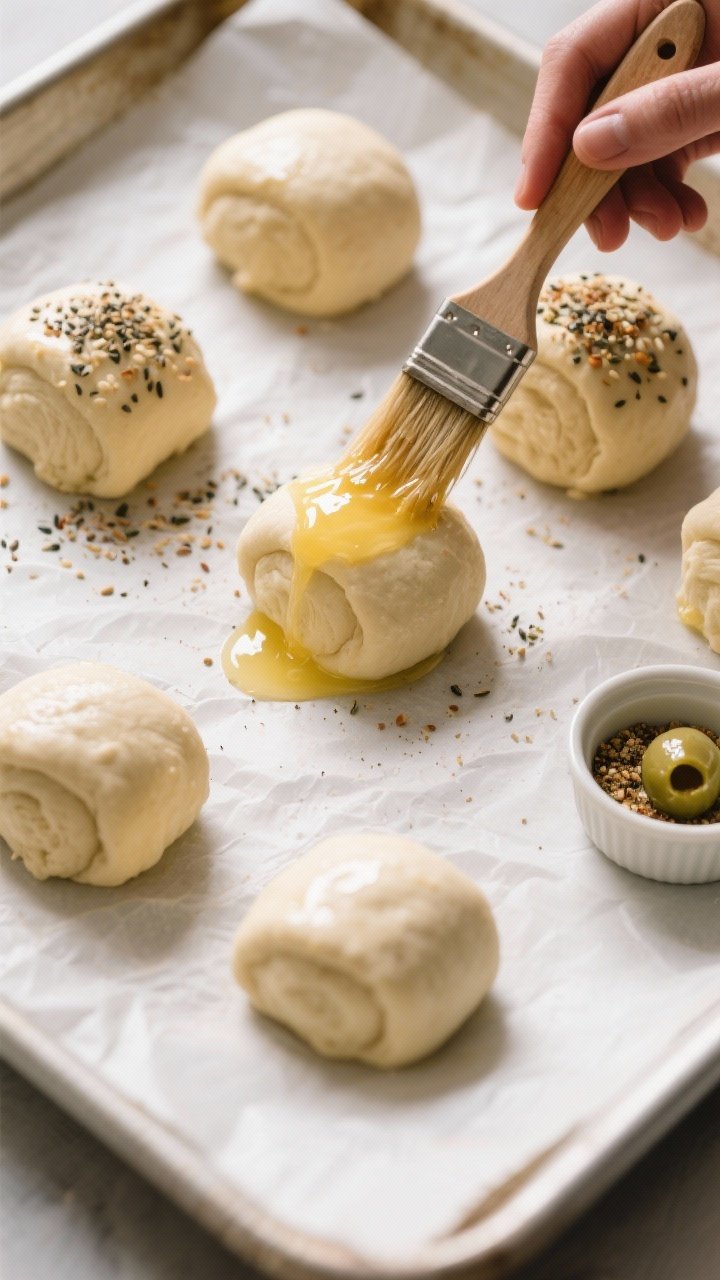 Cooking process shot: Overhead image of shaped keto roll dough balls on a parchment-lined baking she
