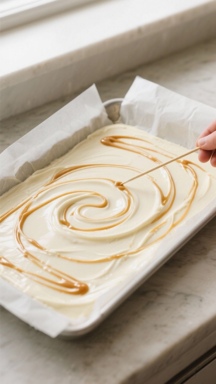Cooking process shot: overhead view of an 8x10-inch parchment-lined pan as melted white chocolate ha