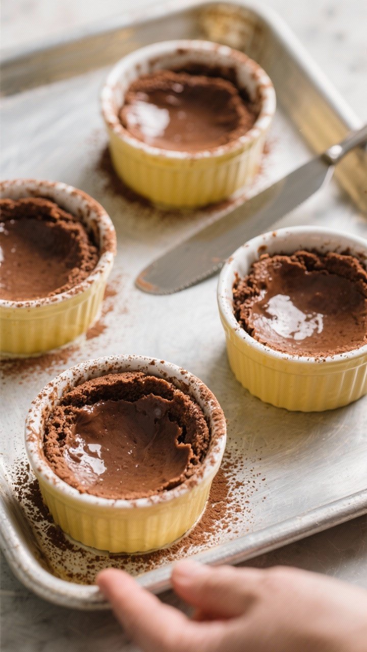 Cooking process shot: Overhead view of four cocoa-dusted, buttered ramekins just out of the oven on 