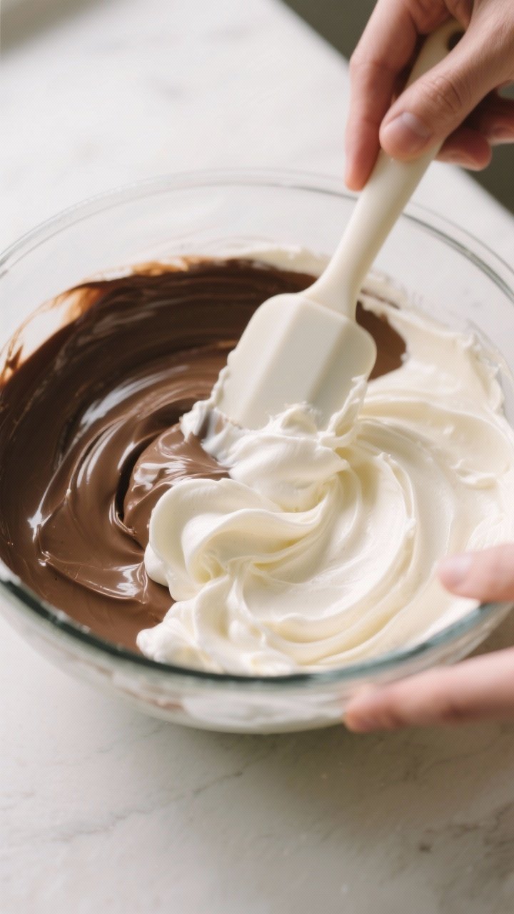 Cooking process shot: Overhead view of the cooled white chocolate ganache base being gently folded w