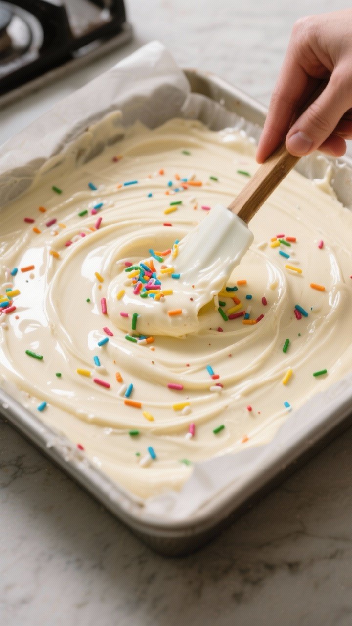 Cooking process shot: warm, melted white chocolate fudge mixture just off the stove being folded wit