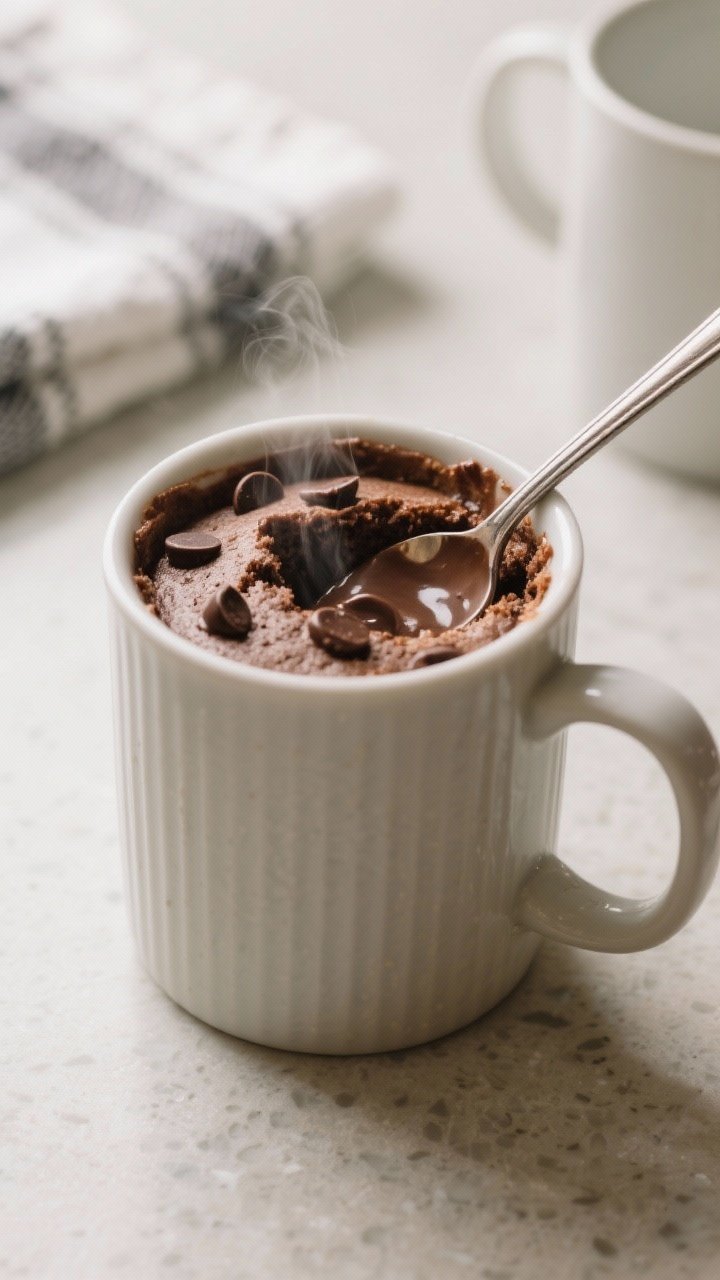 Cooking process: The mug cake batter just after microwaving, resting for 1 minute on a countertop—