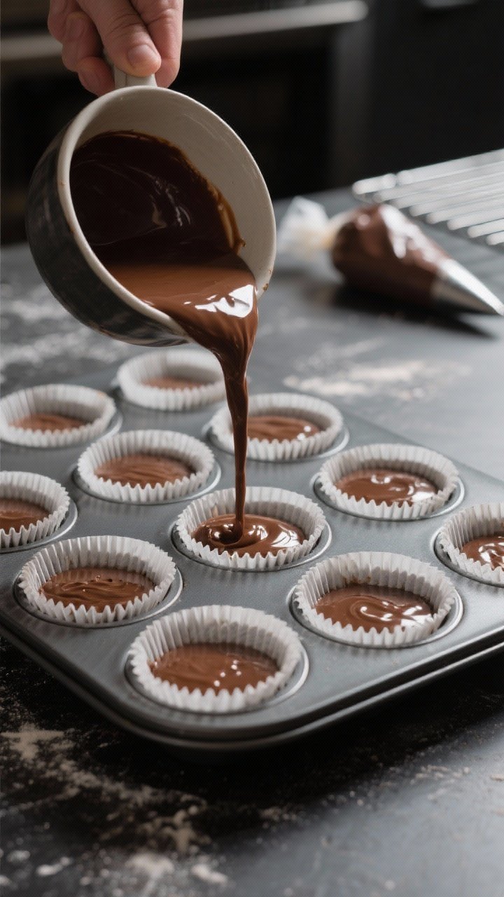 Cooking process — Thin mocha batter being poured into lined muffin tin: Overhead shot of glossy, c