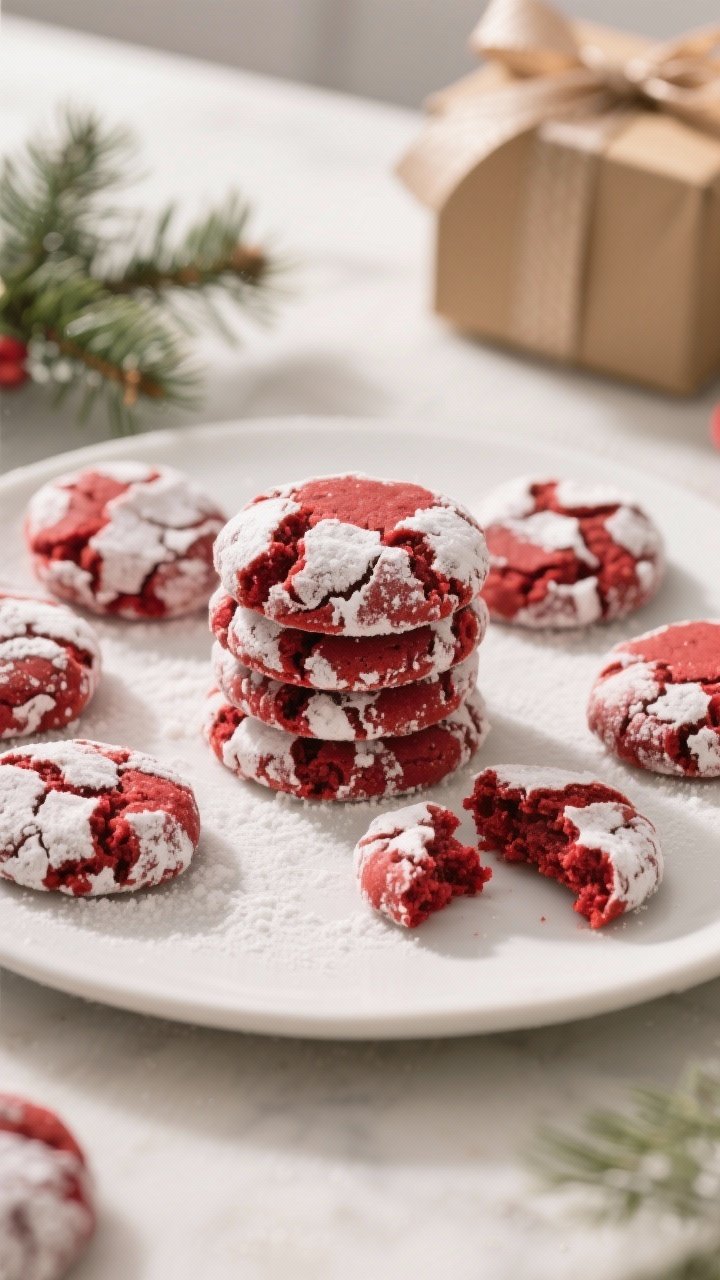 Final dish presentation: Beautifully plated red velvet crinkle cookies stacked on a matte white dess