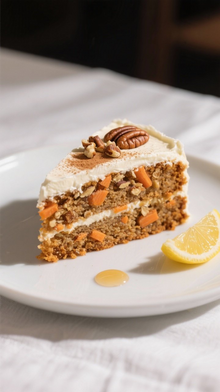 Final dish presentation: Beautifully plated slice of spiced carrot cake with cream cheese frosting o