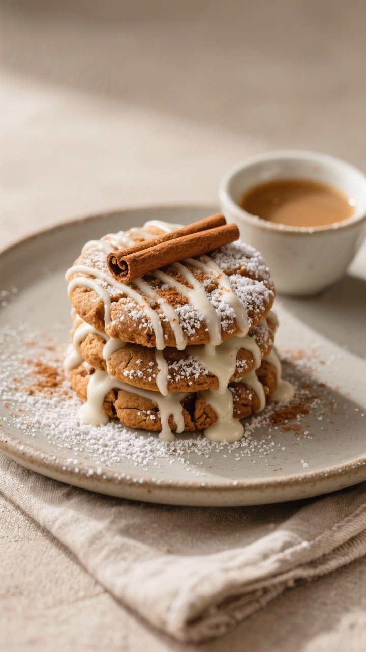 Final dish presentation: Beautifully plated stack of glazed chai spiced cookies on a matte ceramic p