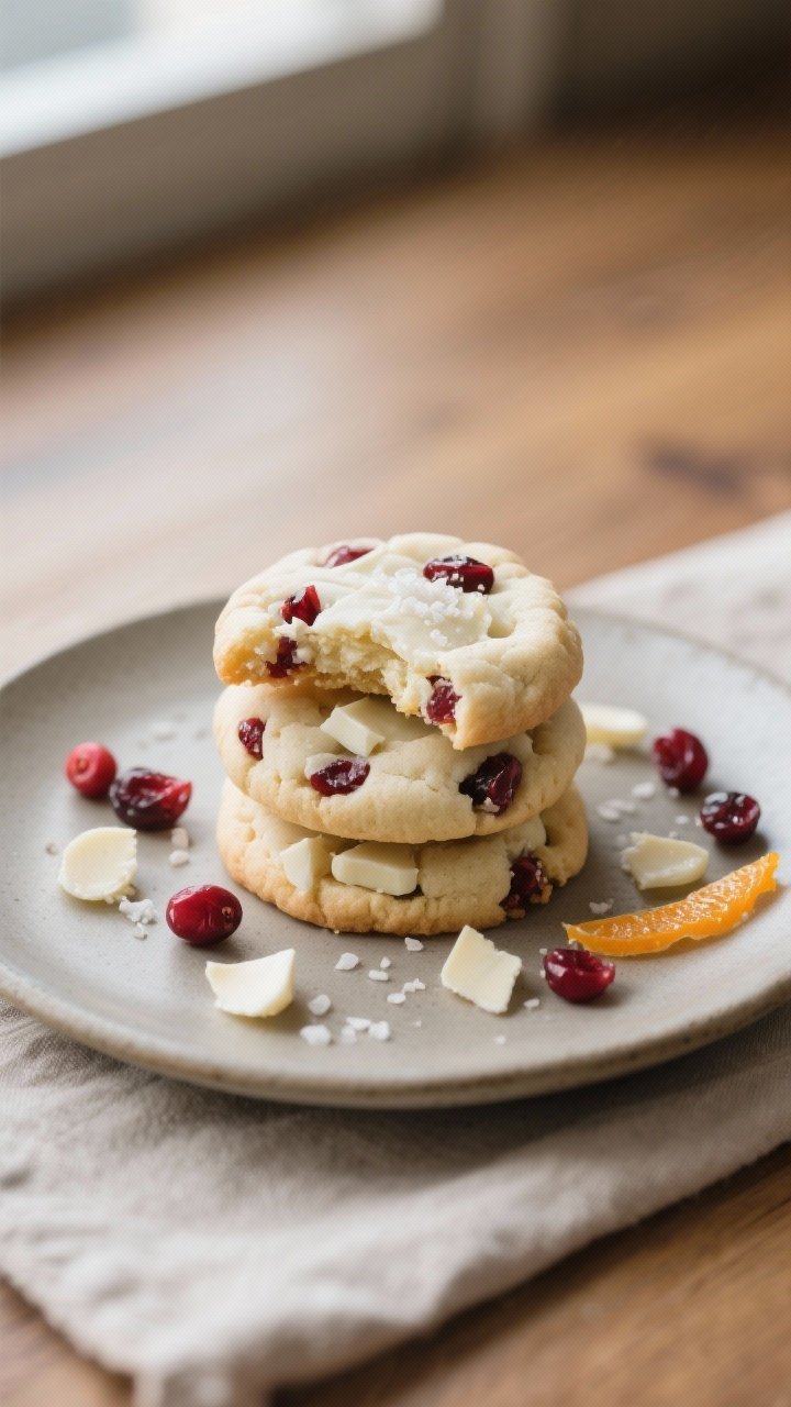 Final dish presentation: Beautifully plated stack of 3–4 white chocolate cranberry cookies on a ma