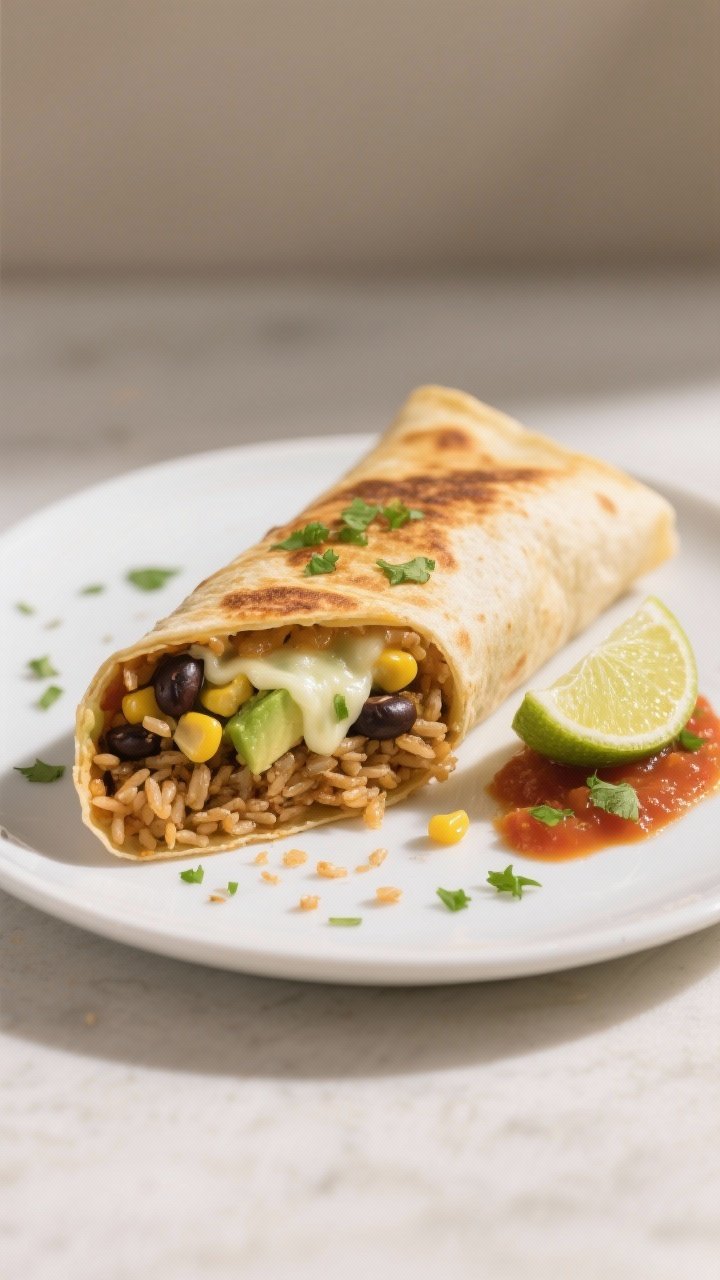 Final dish presentation: Golden, lightly toasted vegetarian burrito sliced on the bias to reveal lay