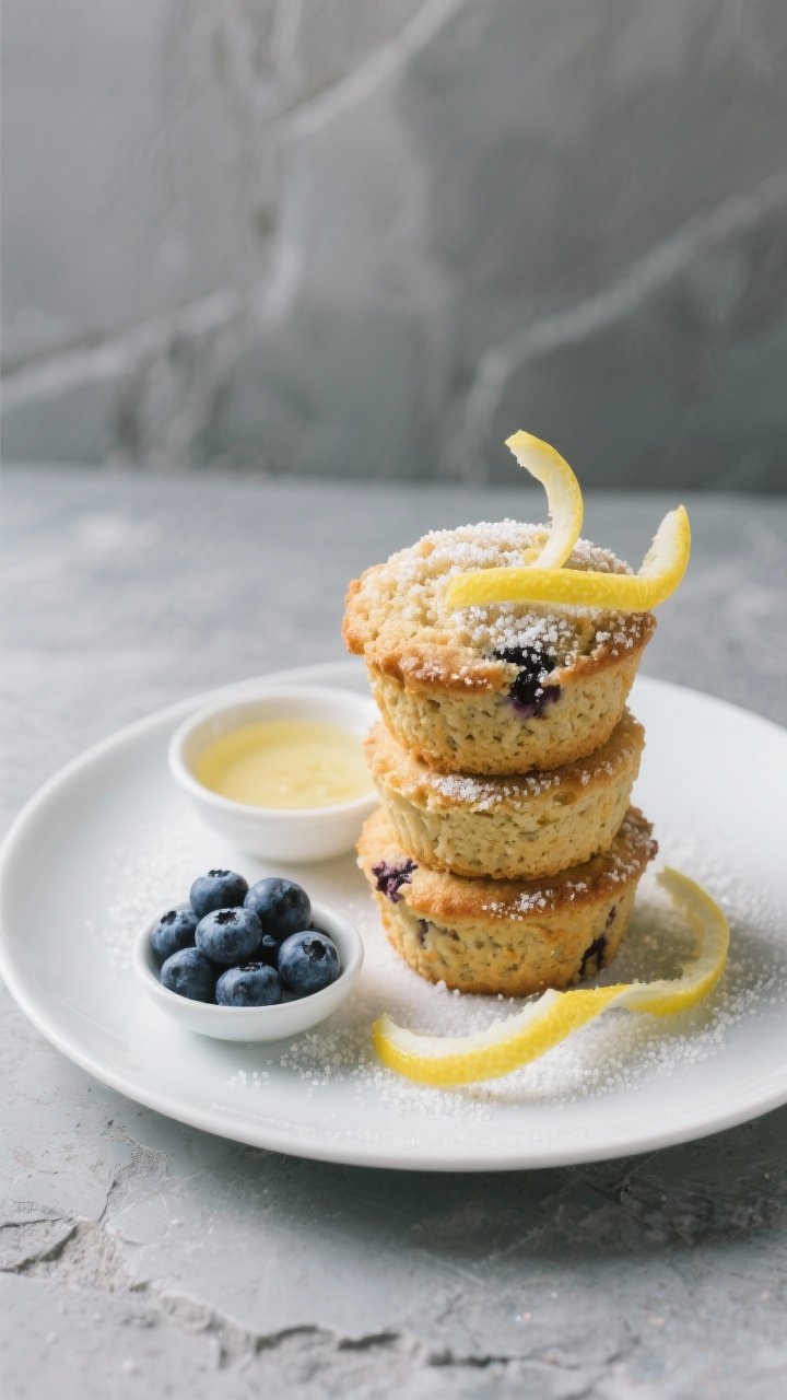 Final dish presentation: Restaurant-quality plate with three lemon blueberry keto muffins stacked an