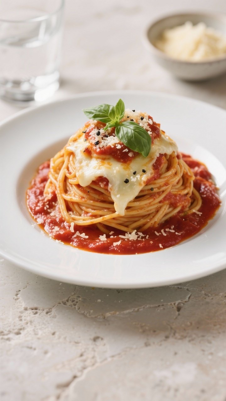 Final dish presentation: Restaurant-quality plated serving of cheesy baked spaghetti twirled into a 