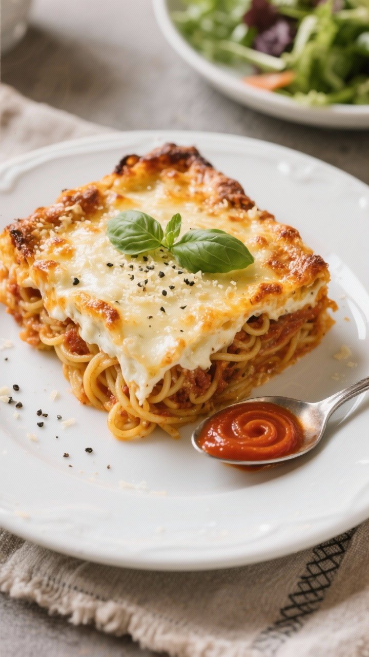 Final dish presentation: Restaurant-quality plated serving of the baked spaghetti casserole on a whi