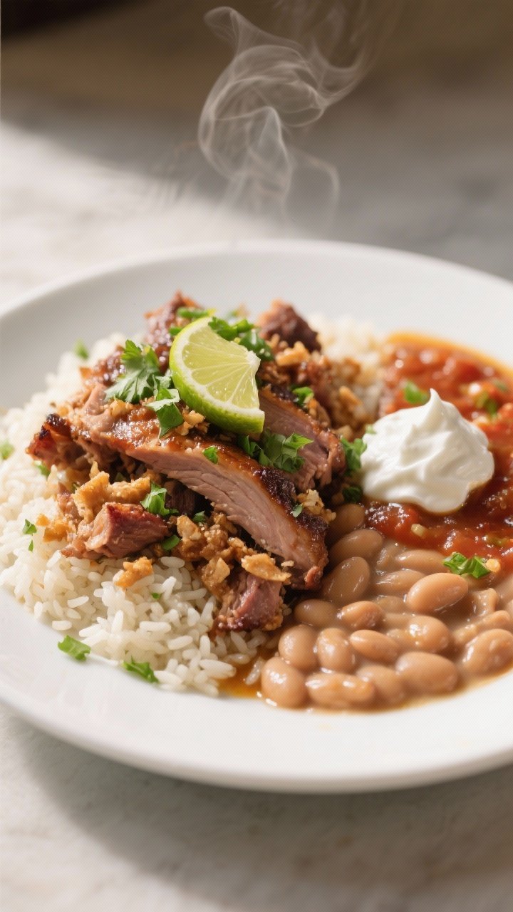 Final dish presentation: Restaurant-quality plated carnitas with cilantro-lime rice and creamy pinto
