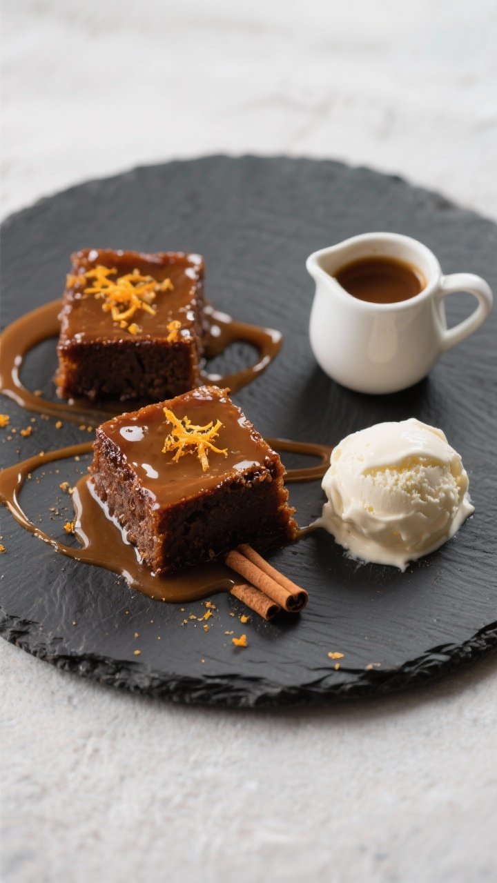 Final dish presentation: Restaurant-quality plating of individual sticky toffee pudding portions (cu